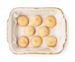 Photo of Tasty sweet sugar cookies in baking dish isolated on white, top view