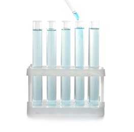 Dripping reagent into test tube with laboratory sample. Chemical analysis