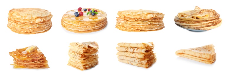 Image of Set of tasty thin pancakes on white background. Banner design