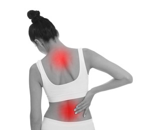 Image of Woman suffering from back pain on white background