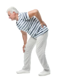 Full length portrait of senior man having knee problems on white background