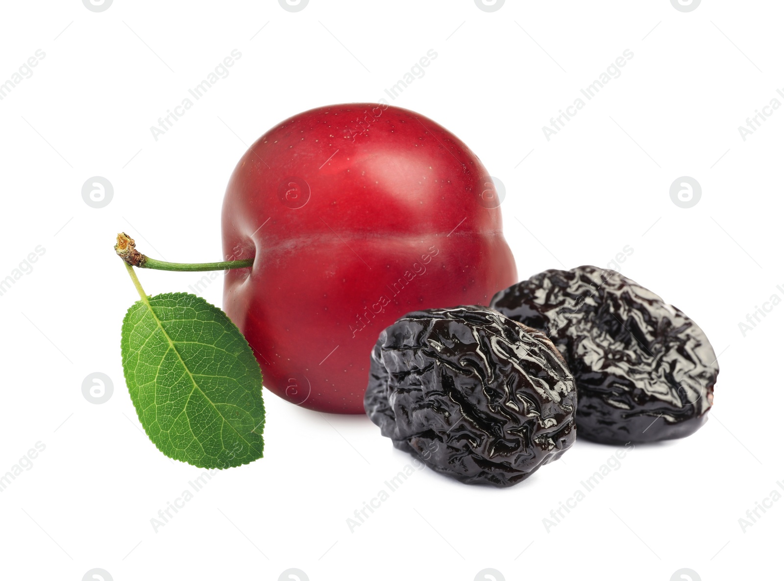 Image of Delicious fresh ripe plum and sweet dried prunes on white background 