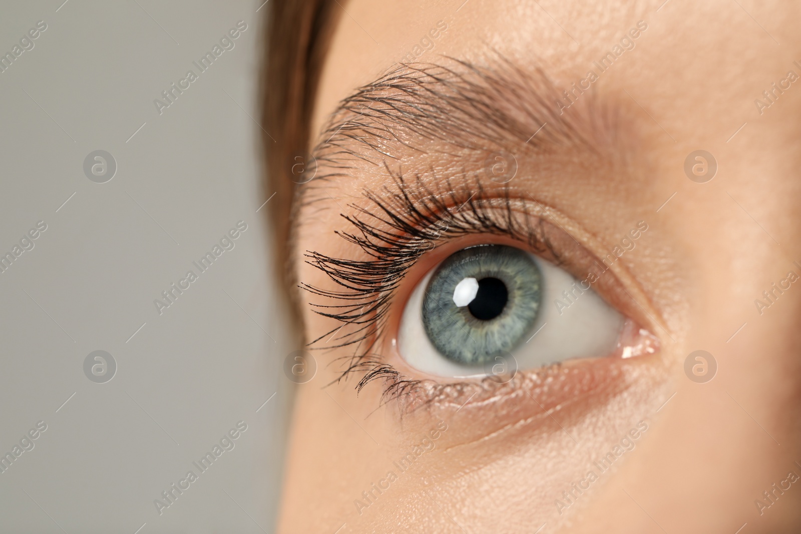 Photo of Beautiful woman with grey eyes on color background, closeup