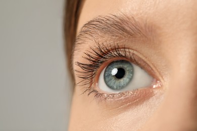 Beautiful woman with grey eyes on color background, closeup