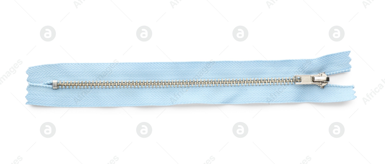 Photo of Light blue zipper isolated on white, top view