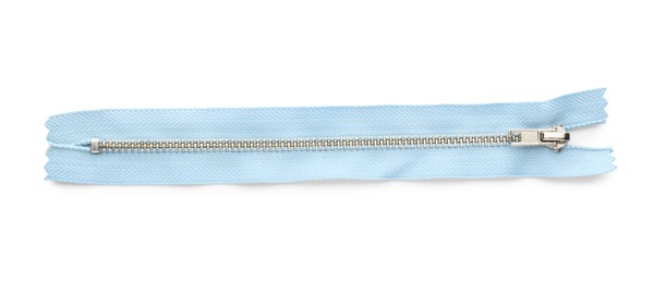 Light blue zipper isolated on white, top view