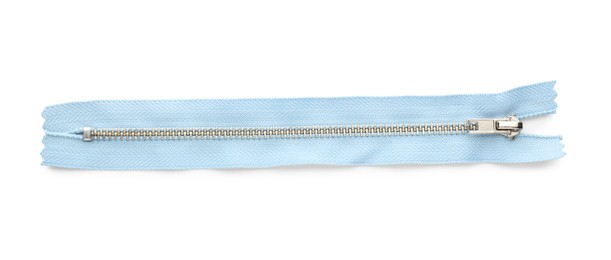 Photo of Light blue zipper isolated on white, top view