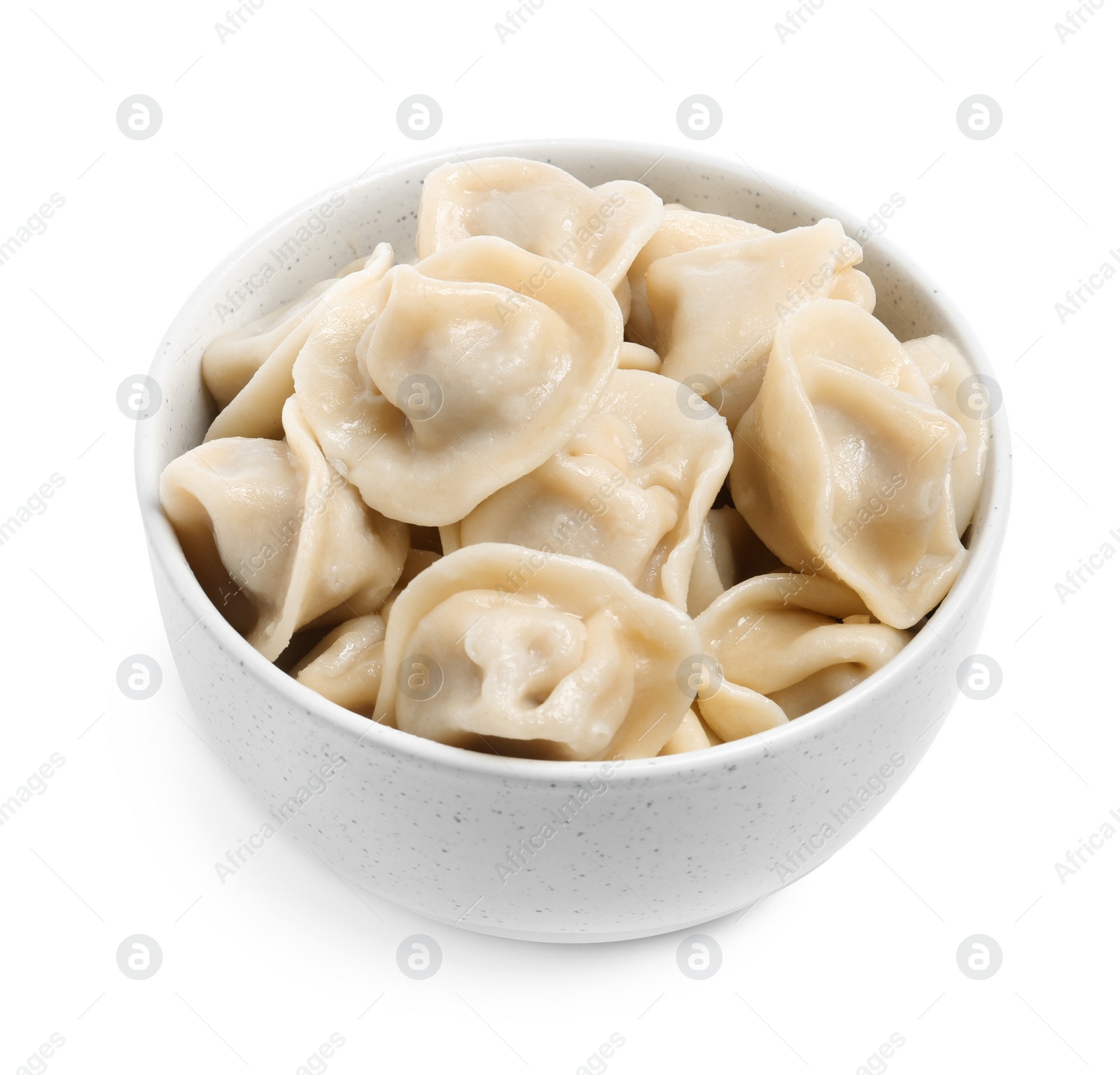 Photo of Tasty dumplings in bowl isolated on white