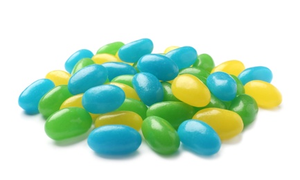 Photo of Pile of tasty bright jelly beans isolated on white