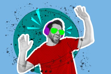 Image of Man in drawn sunglasses dancing on bright background, creative collage. Stylish art design