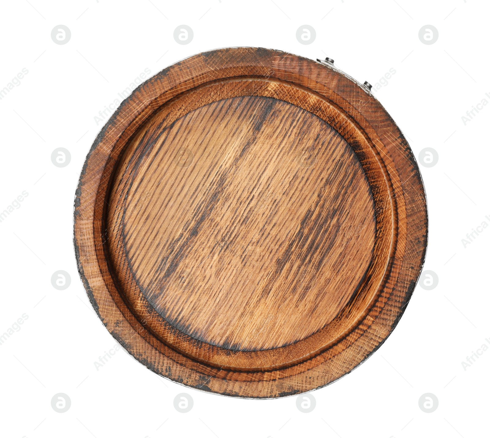 Photo of One wooden barrel isolated on white, top view