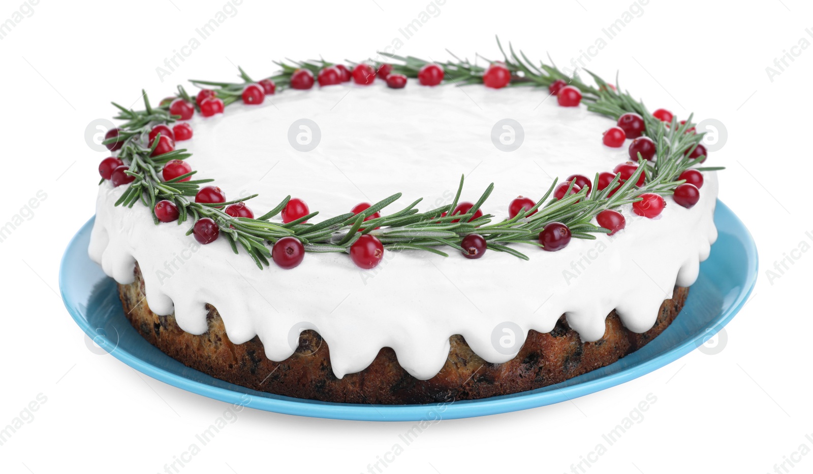 Photo of Traditional Christmas cake decorated with rosemary and cranberries isolated on white