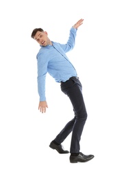 Photo of Emotional man in office wear posing on white background