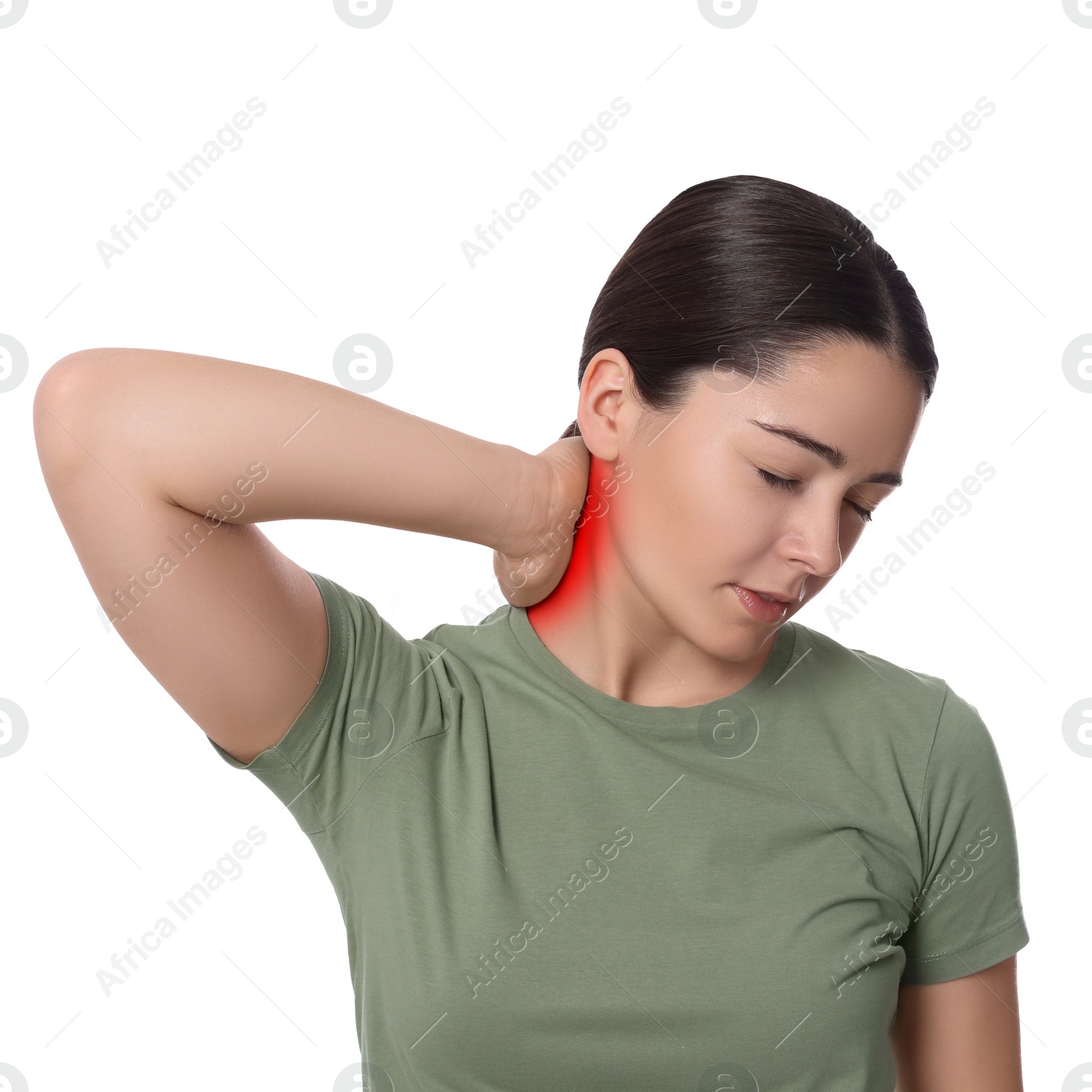 Image of Woman suffering from rheumatism on white background