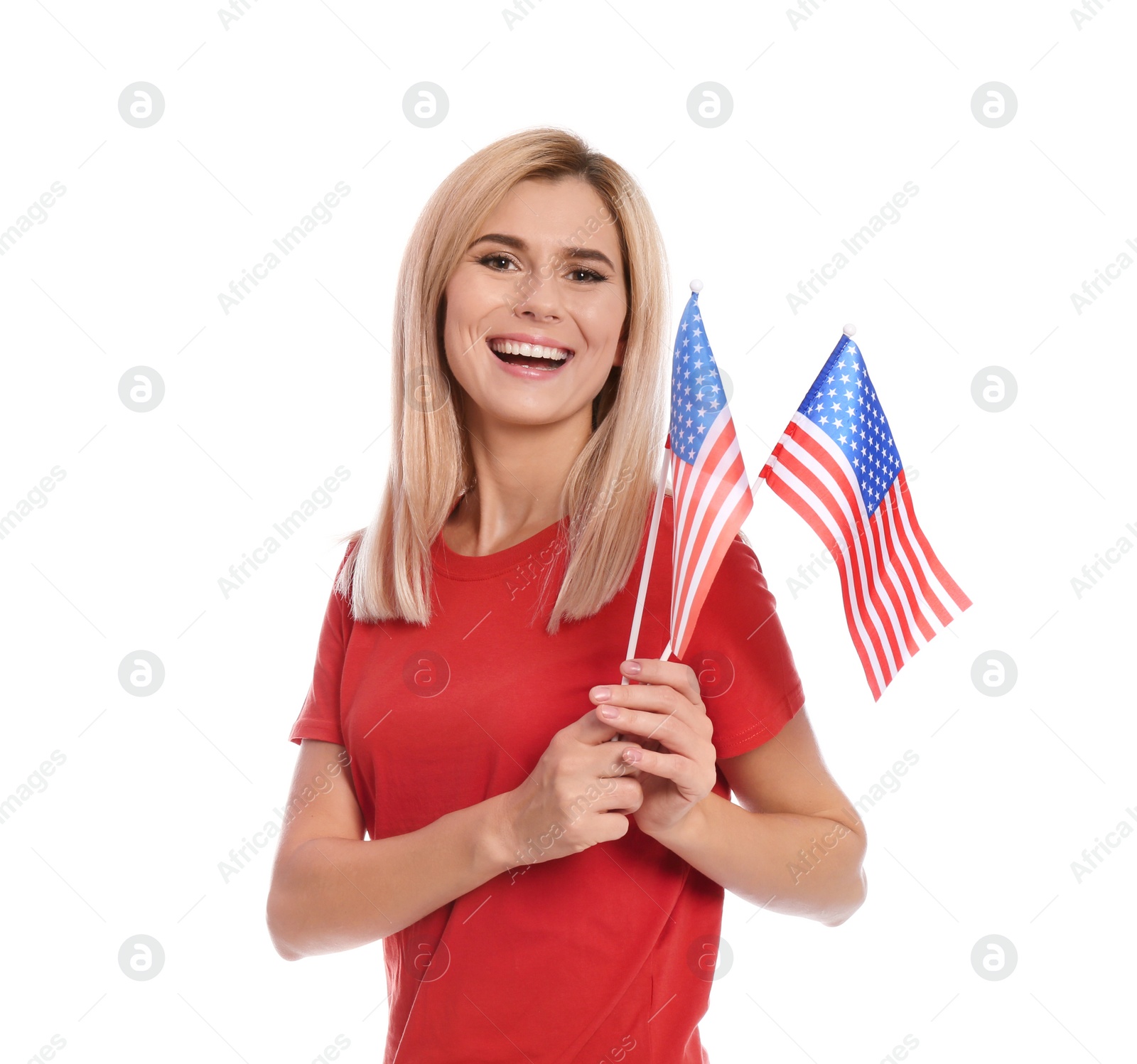 Photo of Portrait of woman with American flags on white background