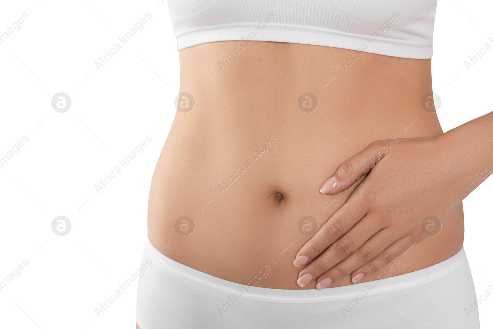 Photo of Woman in underwear touching her belly on light background, closeup. Healthy stomach