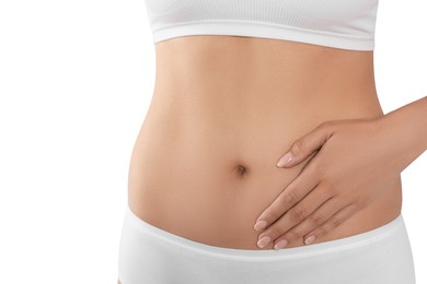 Photo of Woman in underwear touching her belly on light background, closeup. Healthy stomach