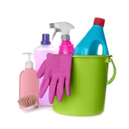Photo of Different cleaning supplies and tools on white background