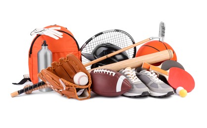 Photo of Many different sports equipment isolated on white