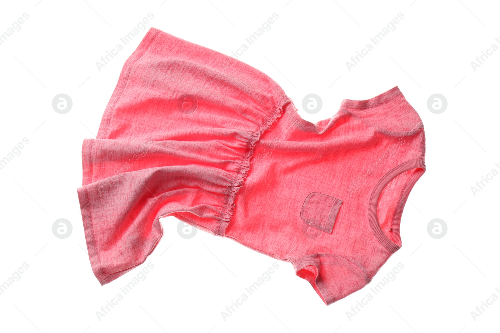 Photo of Rumpled pink dress isolated on white. Messy clothes