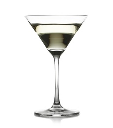 Photo of Glass of tasty martini on white background