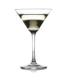 Glass of tasty martini on white background