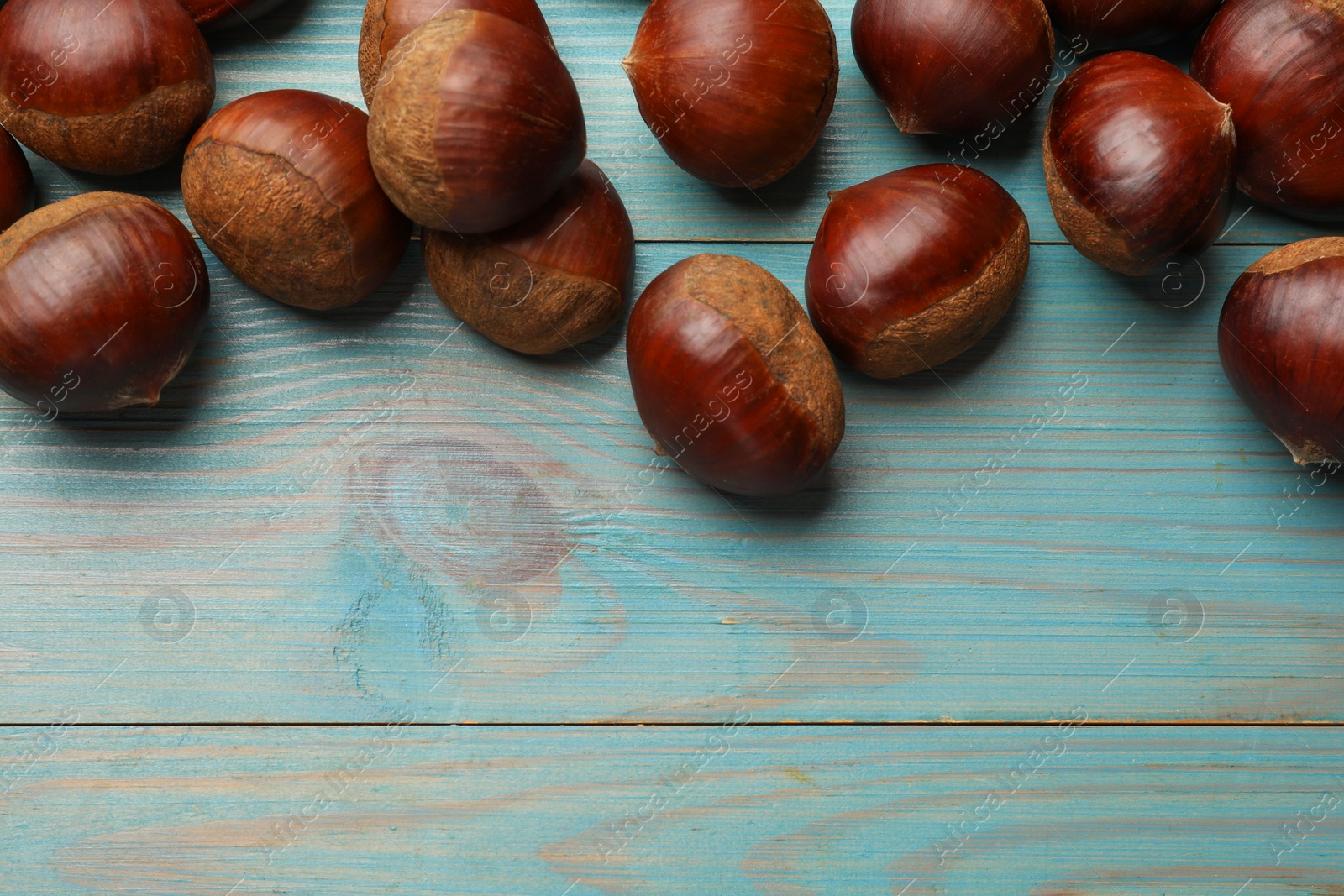 Photo of Roasted edible sweet chestnuts on light blue wooden table, flat lay. Space for text