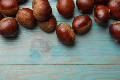 Roasted edible sweet chestnuts on light blue wooden table, flat lay. Space for text