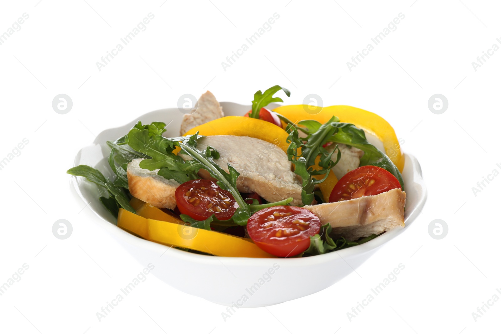 Photo of Delicious salad with chicken, vegetables and arugula in bowl isolated on white