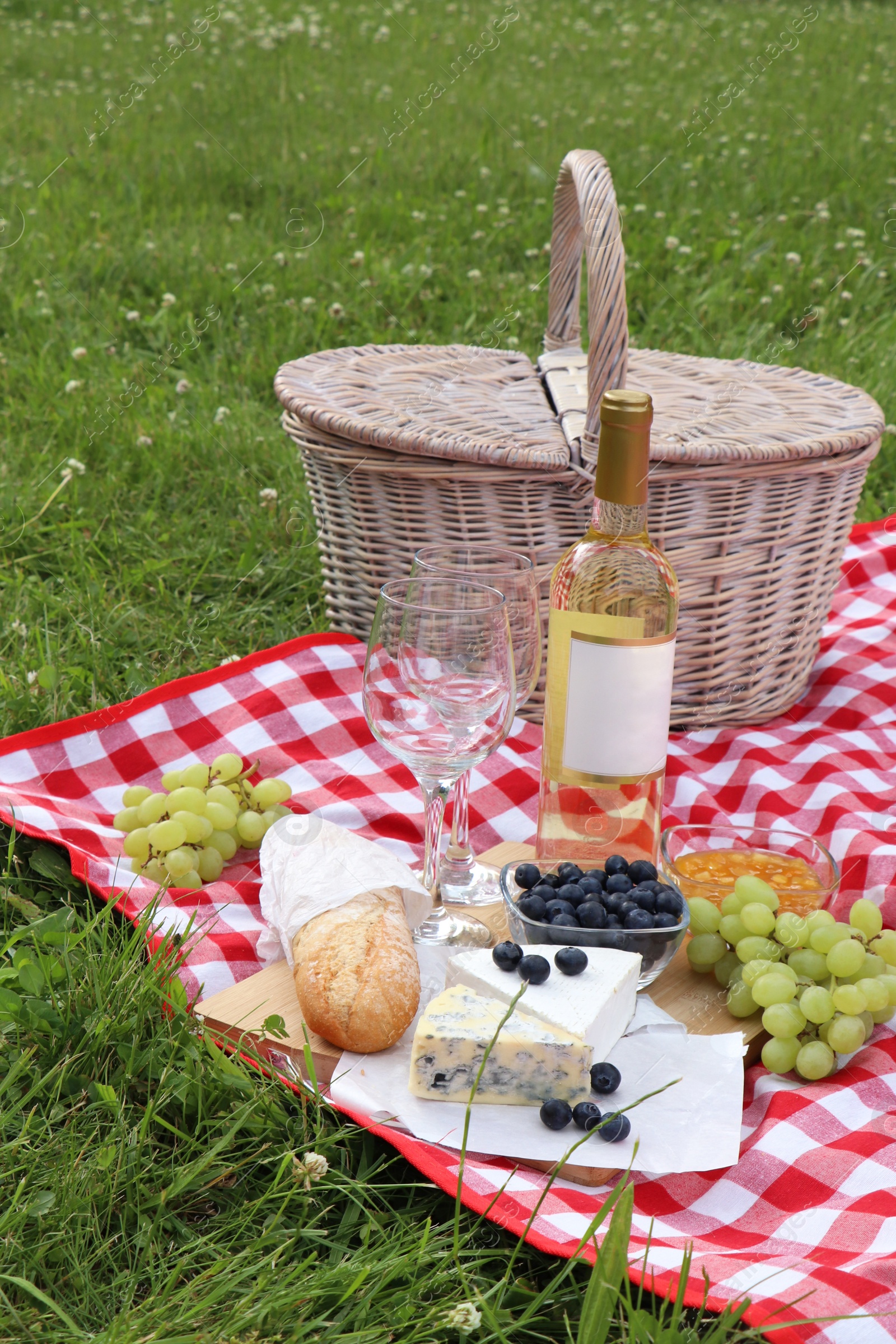 Photo of Picnic blanket with delicious food and wine outdoors on summer day