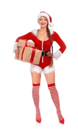 Photo of Beautiful Santa girl with Christmas gifts on white background