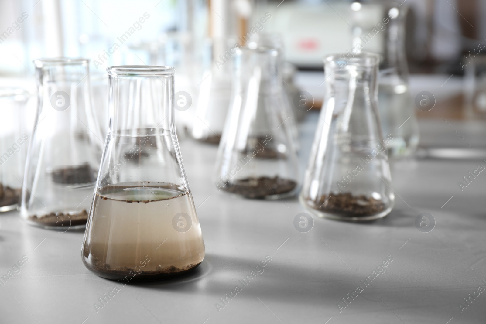 Photo of Glassware with soil samples and extract on grey table. Laboratory research