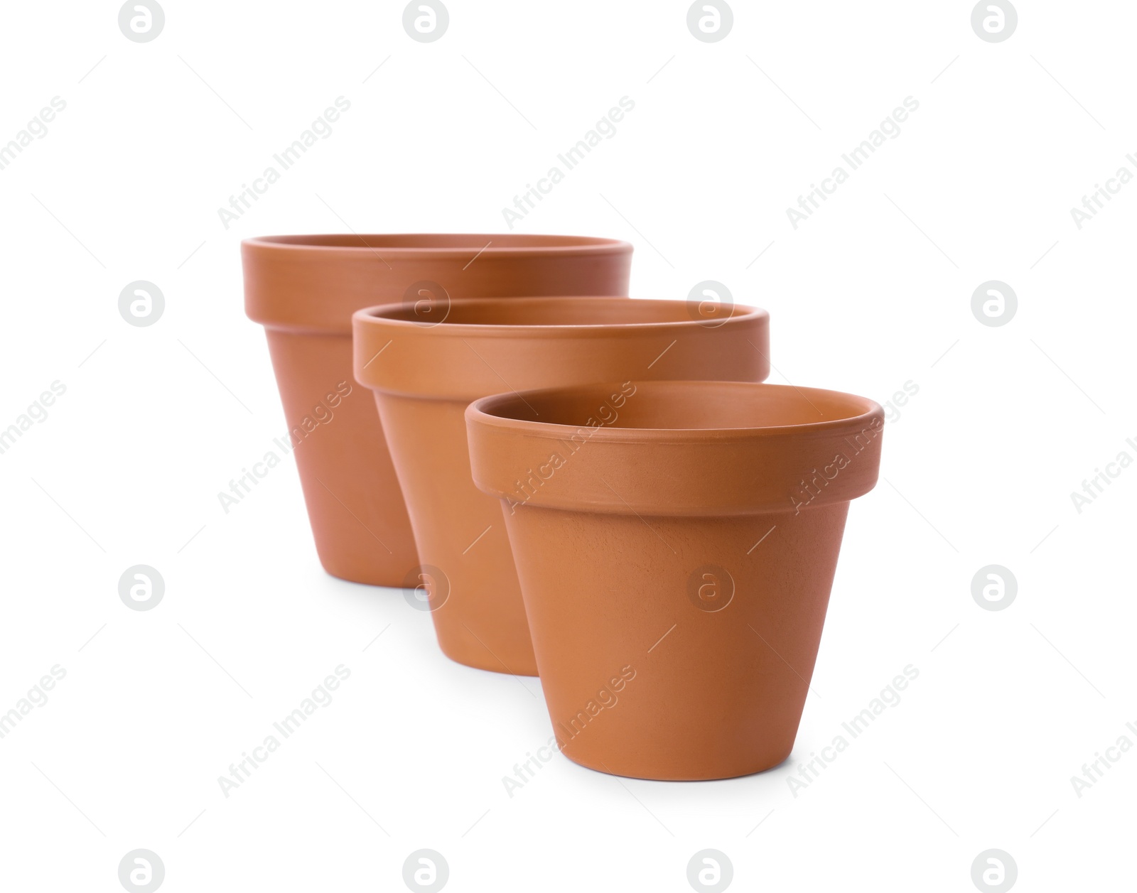 Photo of Stylish terracotta flower pots isolated on white