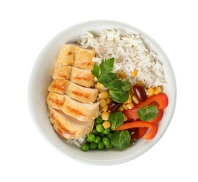 Photo of Bowl with tasty rice, vegetables and meat on white background, top view