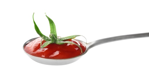 Tasty homemade tomato sauce and calyx in spoon on white background