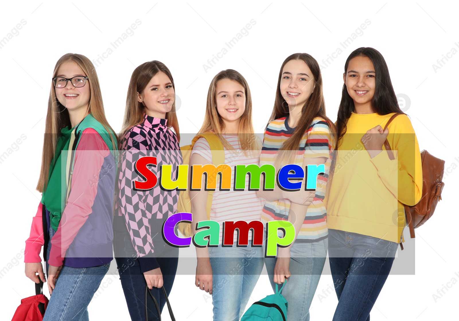 Image of Group of teenagers on white background. Summer camp