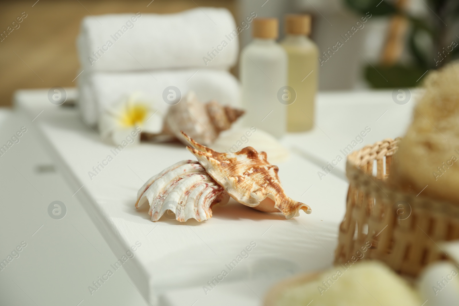 Photo of Bath tray with shells on tub in bathroom, closeup