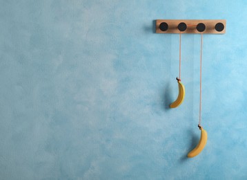 Wooden rack with delicious bananas on light blue wall. Space for text