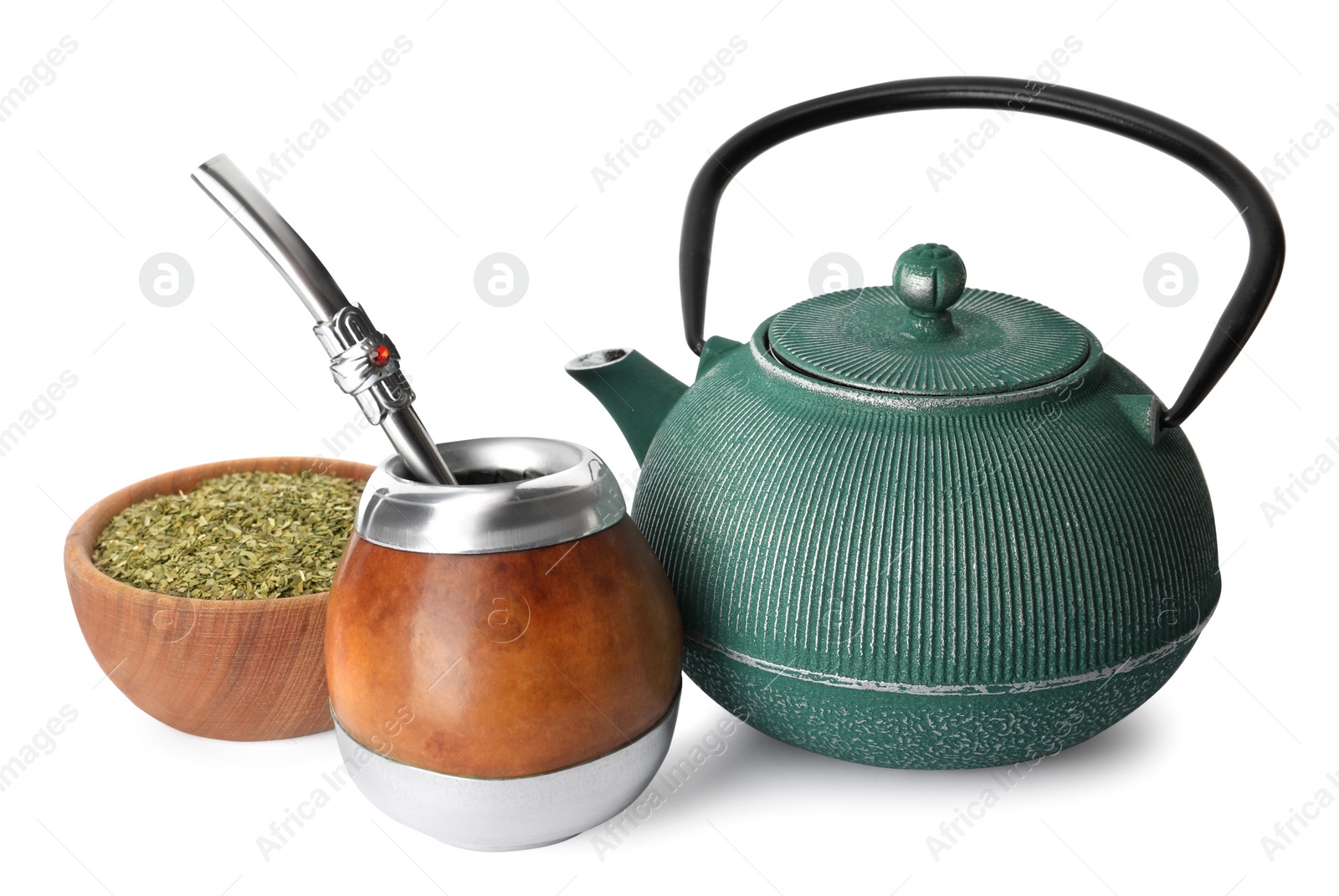 Photo of Calabash, bombilla, teapot and bowl of mate tea on white background