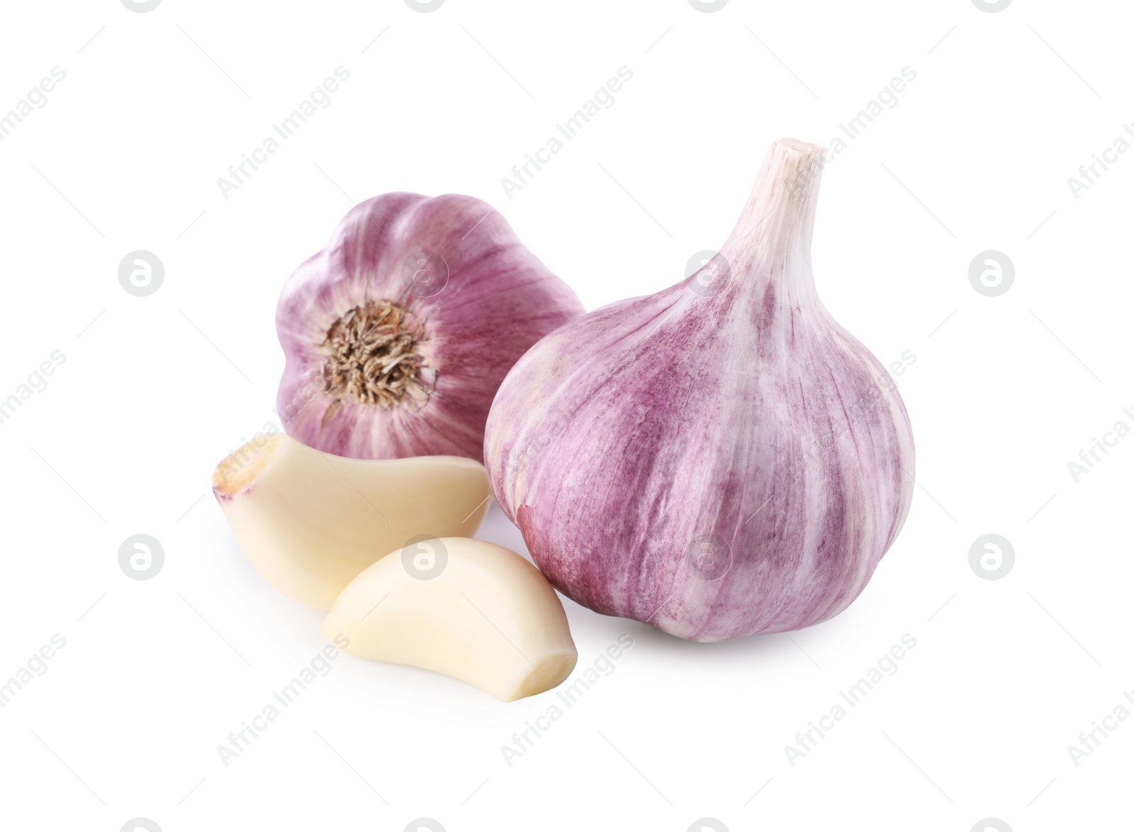 Photo of Heads of fresh garlic and cloves isolated on white