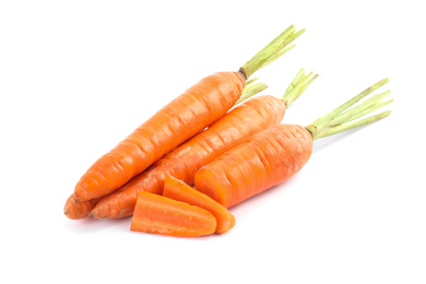 Photo of Cut and whole ripe carrots isolated on white