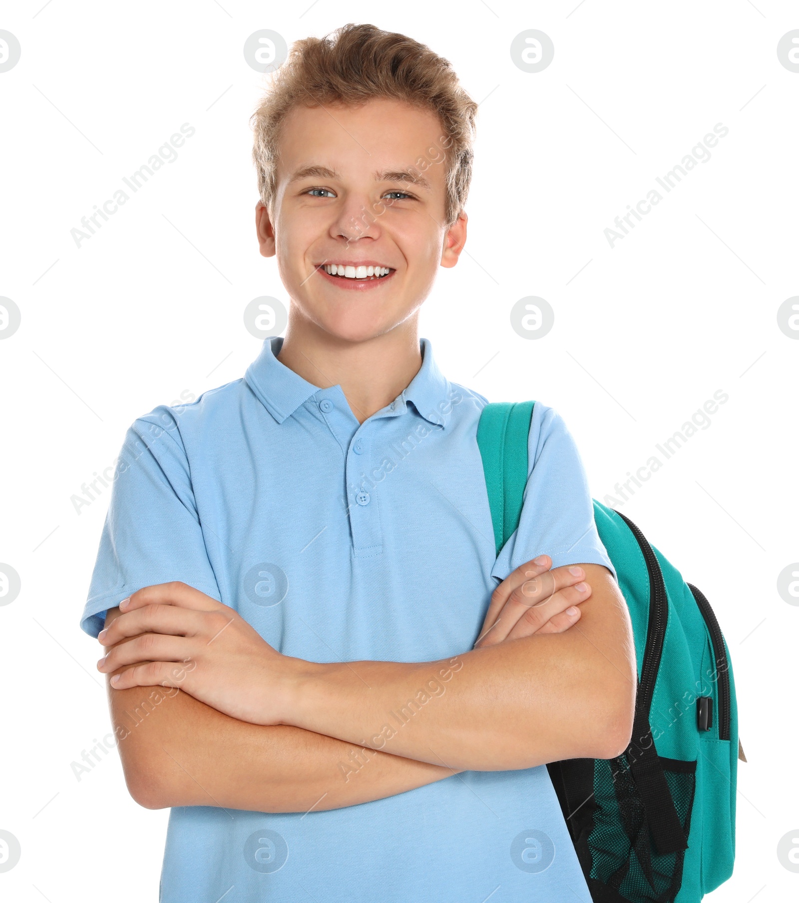 Photo of Happy boy in school uniform on white background