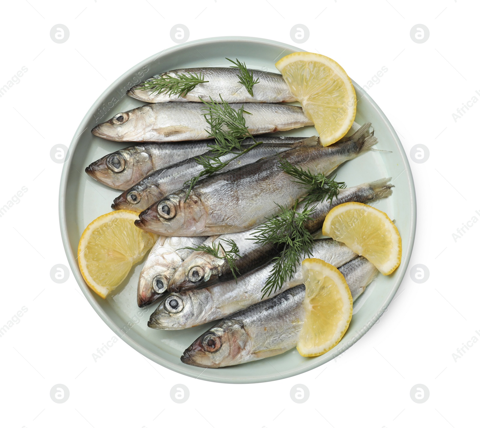 Photo of Fresh raw sprats, lemon and dill isolated on white, top view