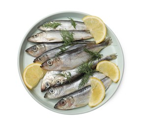 Photo of Fresh raw sprats, lemon and dill isolated on white, top view