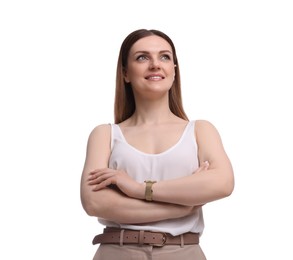 Photo of Beautiful happy businesswoman crossing arms on white background