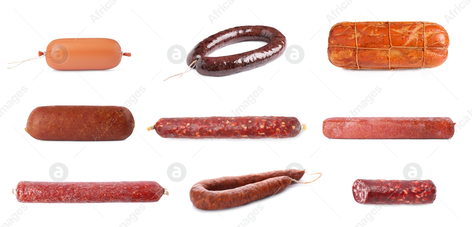 Image of Collage with different delicious sausages on white background