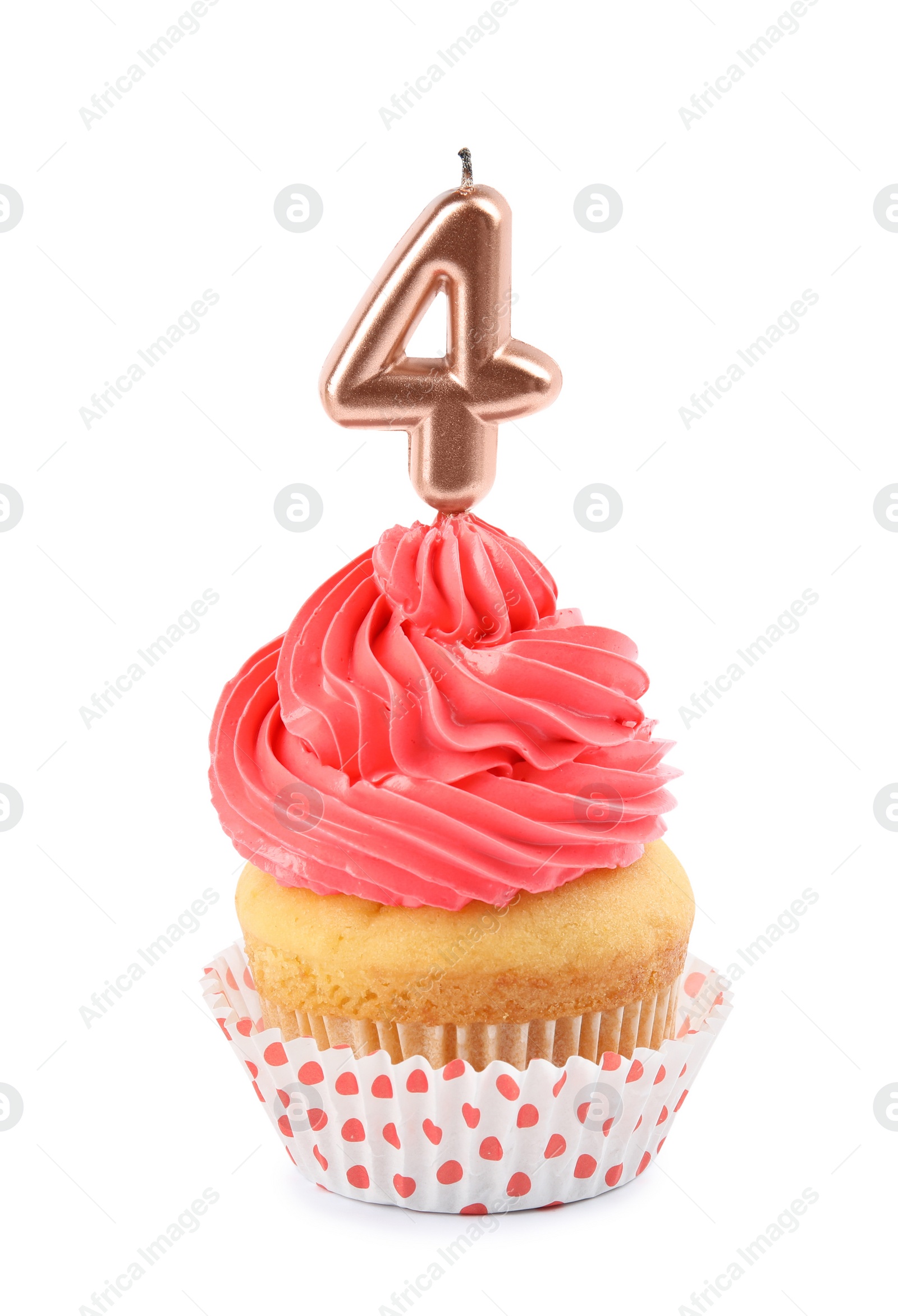 Photo of Birthday cupcake with number four candle on white background