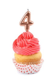 Birthday cupcake with number four candle on white background