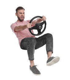 Photo of Angry man with steering wheel against white background