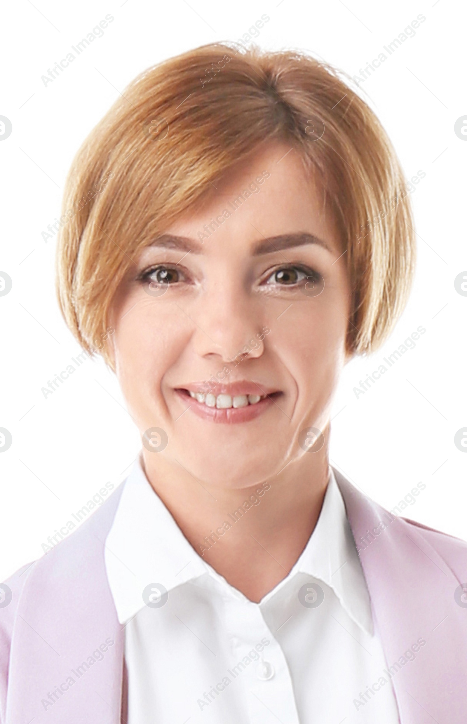 Image of Passport photo. Portrait of woman on white background